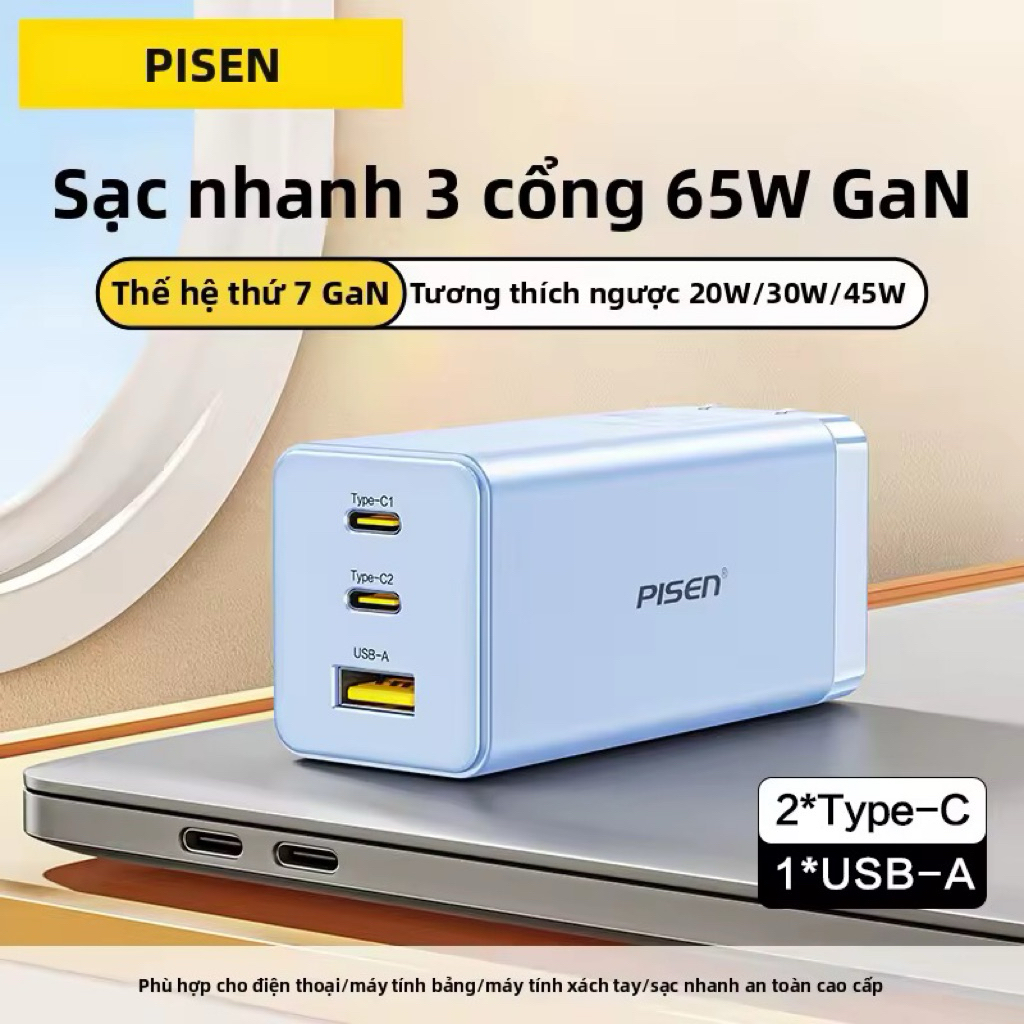 Củ Sạc Nhanh PD 65W PISEN PRO GaN Supercharger 3 Cổng Sạc 2C 1A.Sạc Nhanh PD PPS QC