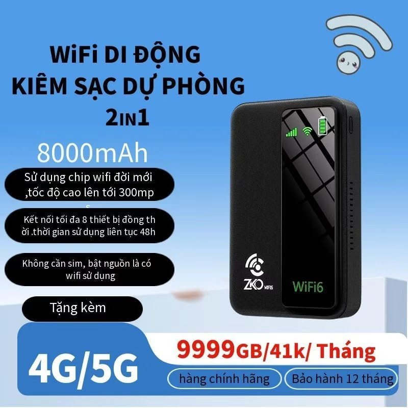 Cục phát wifi từ sim kiêm pin sạc dự phòng 8000mAh zkowifi, bộ phát wifi di động tốc độ cao 300Mbps Tất Cả Nhà Mạng 2