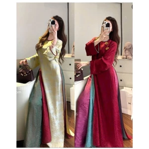 Áo dài suông thọ tơ ánh kim 4 tà kèm hoa tú cầu cườm cài cổ tròn dài tay đi ăn cướ, ăn hỏi, bưng tráp lễ tết T1471G