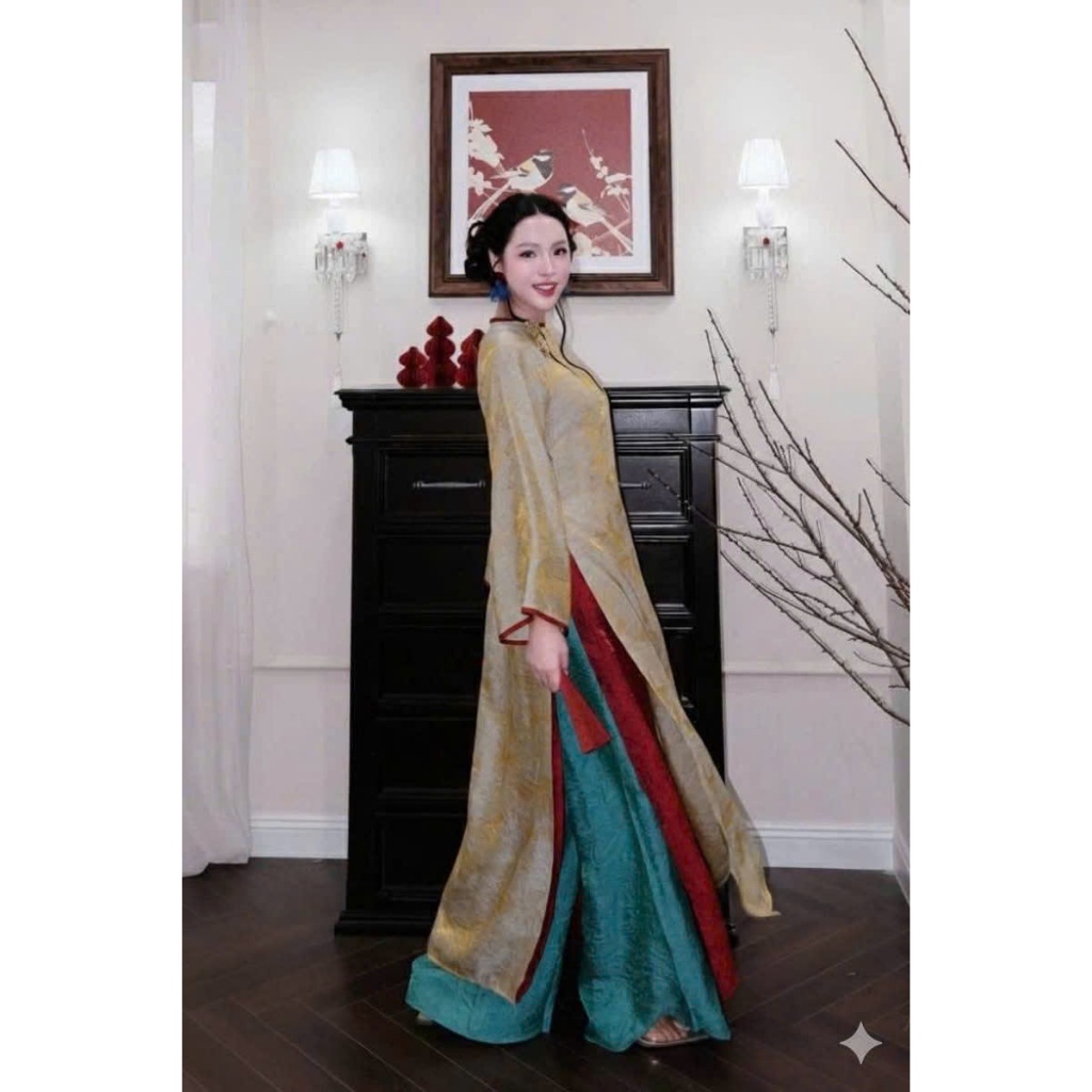 Áo dài suông thọ tơ ánh kim 4 tà kèm hoa tú cầu cườm cài  cổ tròn dài tay đi ăn cướ, ăn hỏi, bưng tráp lễ tết T1471G