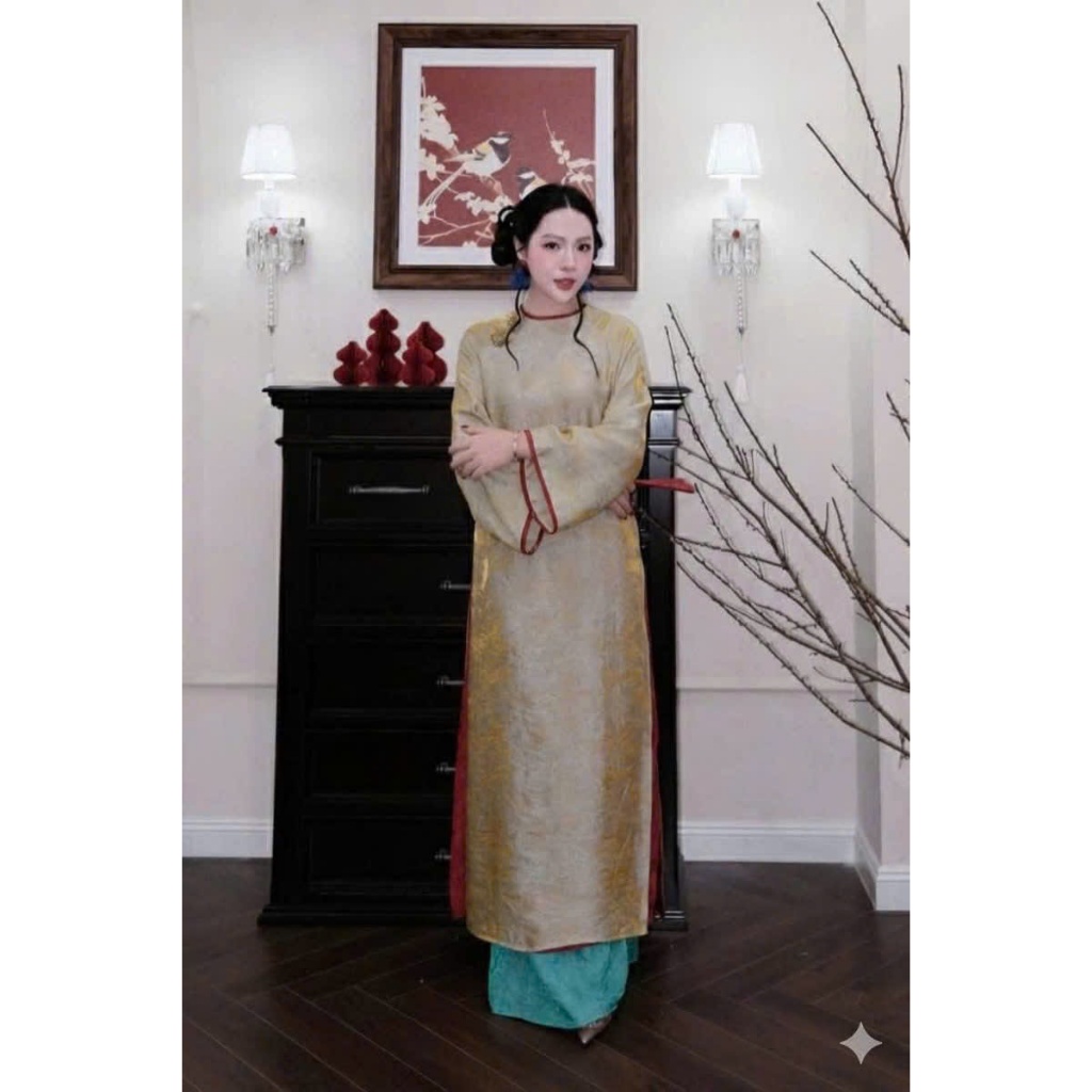 Áo dài suông thọ tơ ánh kim 4 tà kèm hoa tú cầu cườm cài  cổ tròn dài tay đi ăn cướ, ăn hỏi, bưng tráp lễ tết T1471G