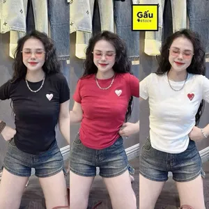 Áo Thun Cổ Tròn Dáng Babytee In Logo Trái Tim Basic Nữ Tính Phong Cách Hàn Quốc Siêu Dễ Thương