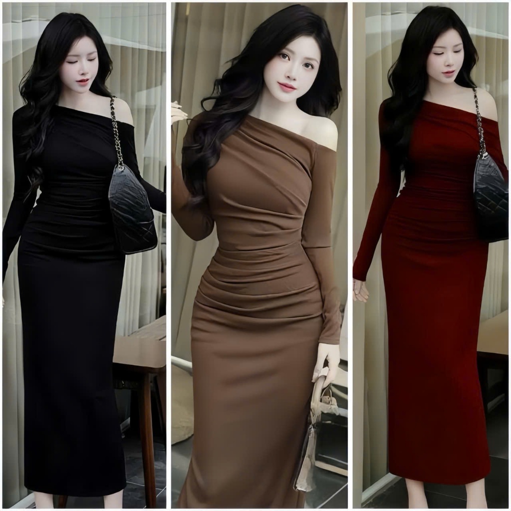 Đầm ôm tay dài lệch vai nhúng hông,dáng dài ôm,chất thun Ladong(màu Đỏ ĐÔ SÁNG)