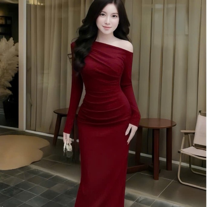 Đầm ôm tay dài lệch vai nhúng hông,dáng dài ôm,chất thun Ladong(màu Đỏ ĐÔ SÁNG)