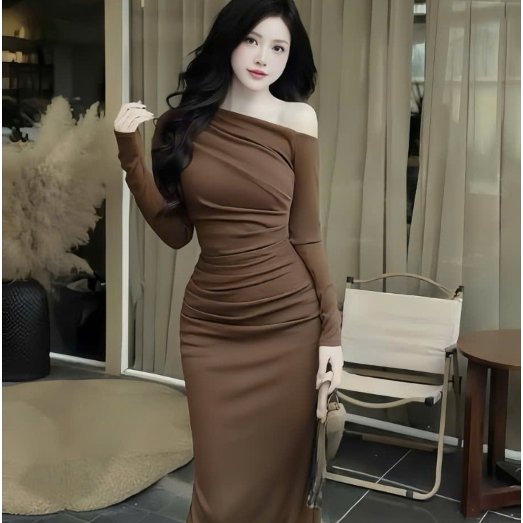 Đầm ôm tay dài lệch vai nhúng hông,dáng dài ôm,chất thun Ladong(màu Đỏ ĐÔ SÁNG)