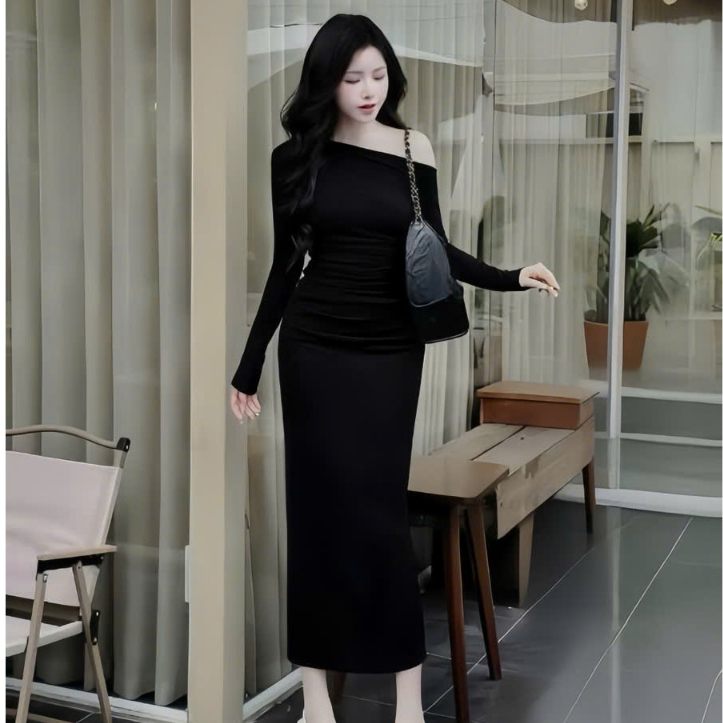 Đầm ôm tay dài lệch vai nhúng hông,dáng dài ôm,chất thun Ladong(màu Đỏ ĐÔ SÁNG)