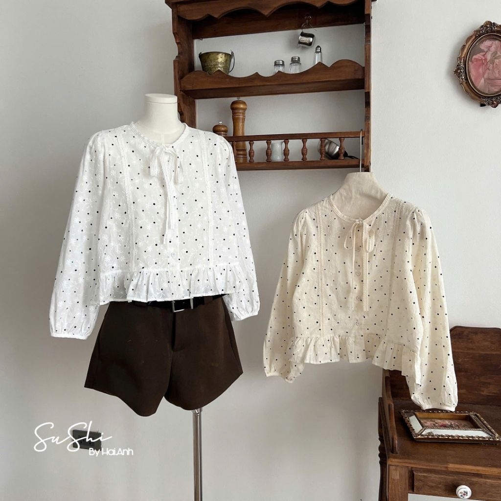 [𝑯𝒂 𝑨𝒏𝒉] Áo Sơ Mi Cổ Tròn Chấm Bi QCL1