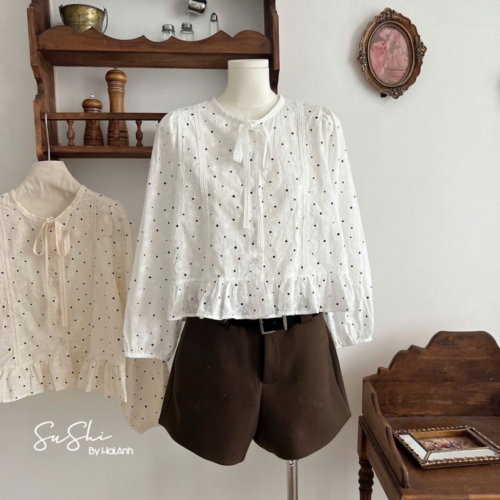 [𝑯𝒂 𝑨𝒏𝒉] Áo Sơ Mi Cổ Tròn Chấm Bi QCL1