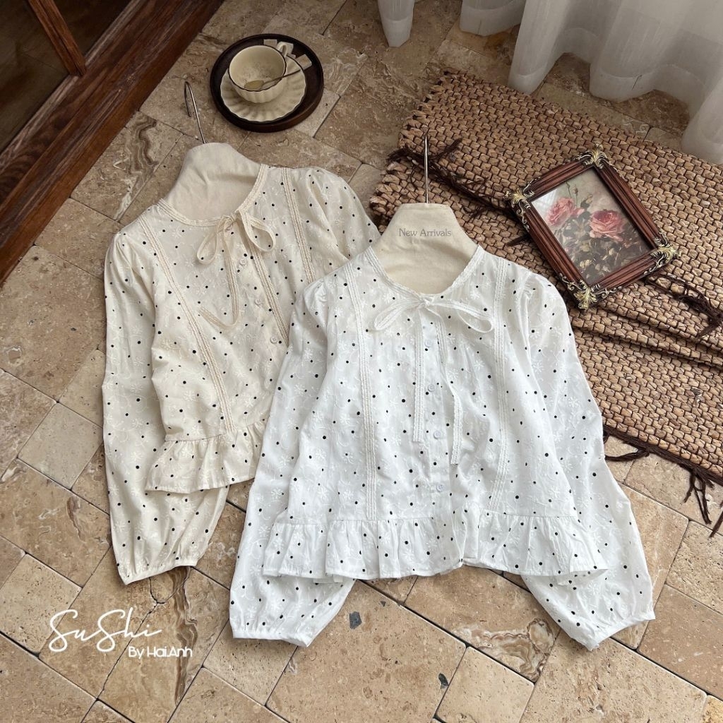 [𝑯𝒂 𝑨𝒏𝒉] Áo Sơ Mi Cổ Tròn Chấm Bi QCL1