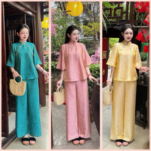 Bộ đồ pháp phục cổ tàu đính đá tằm Tency, Pháp phục đi chùa tay lỡ cách tân Đồ đi lễ gấm Sang trọng| Đồ Lam An Nhiên