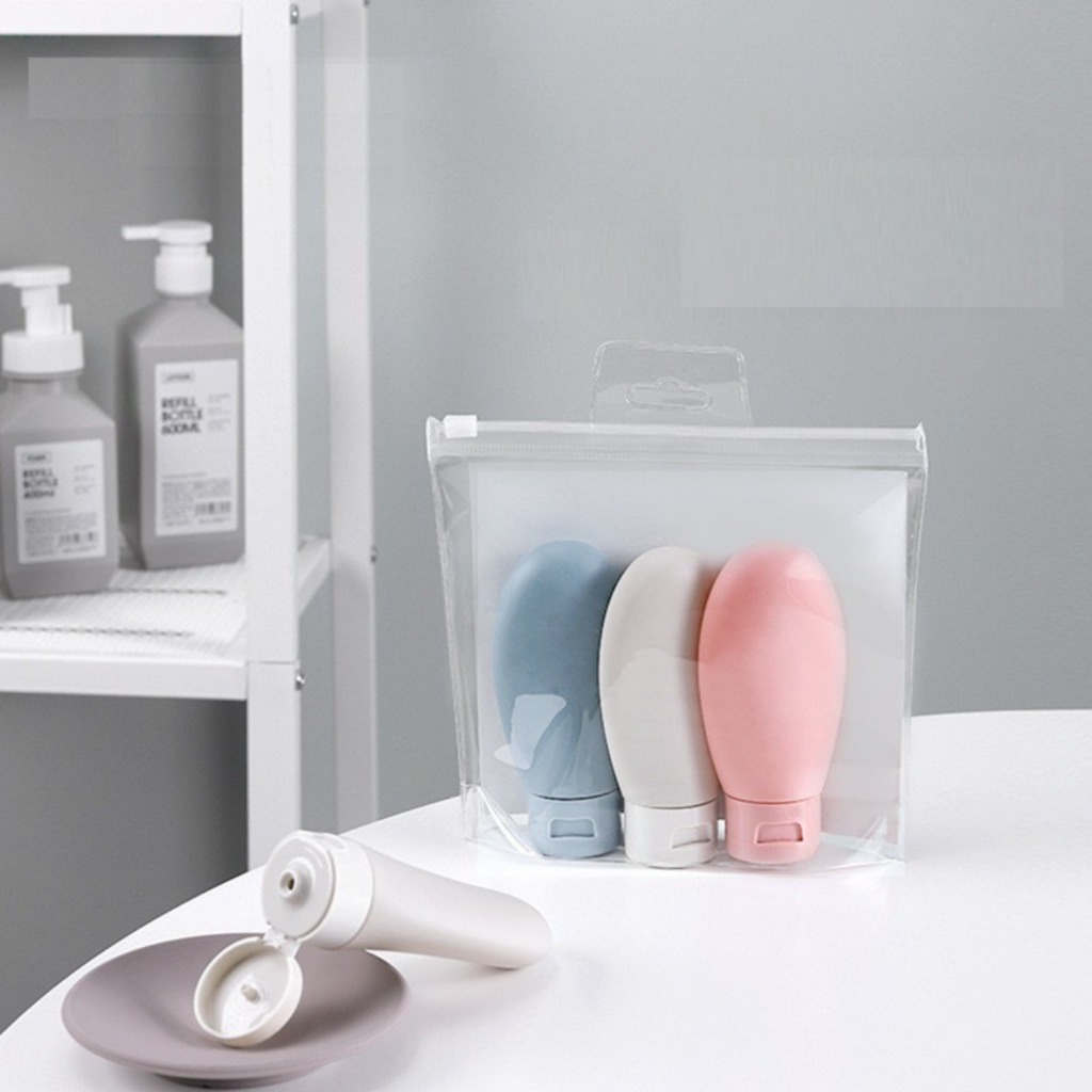 Set 3 Chai Chiết Mỹ Phẩm 60ml Có Nắp + Túi Zip – Lọ Chiết Mỹ Phẩm Du Lịch Tiện Lợi Đựng Sữa Tắm, Dầu Gội