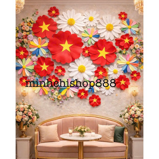 (HOA ĐẸP) Bông hoa xốp đỏ sao vàng khổng lồ hottrend 2026,size to gắn tường trang trí quán cafe,lớp học,phòng họp livetr