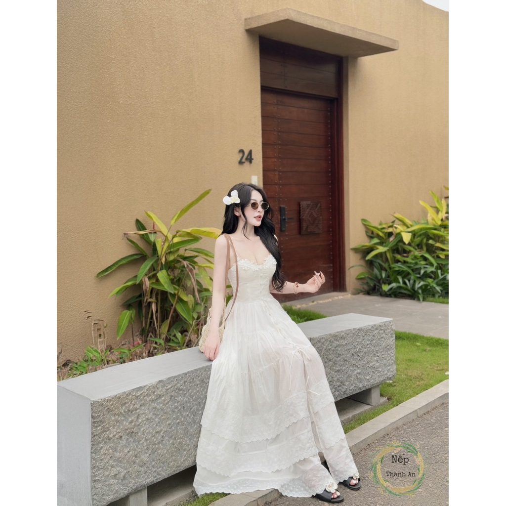 Đầm 2 dây maxi thô dập ren