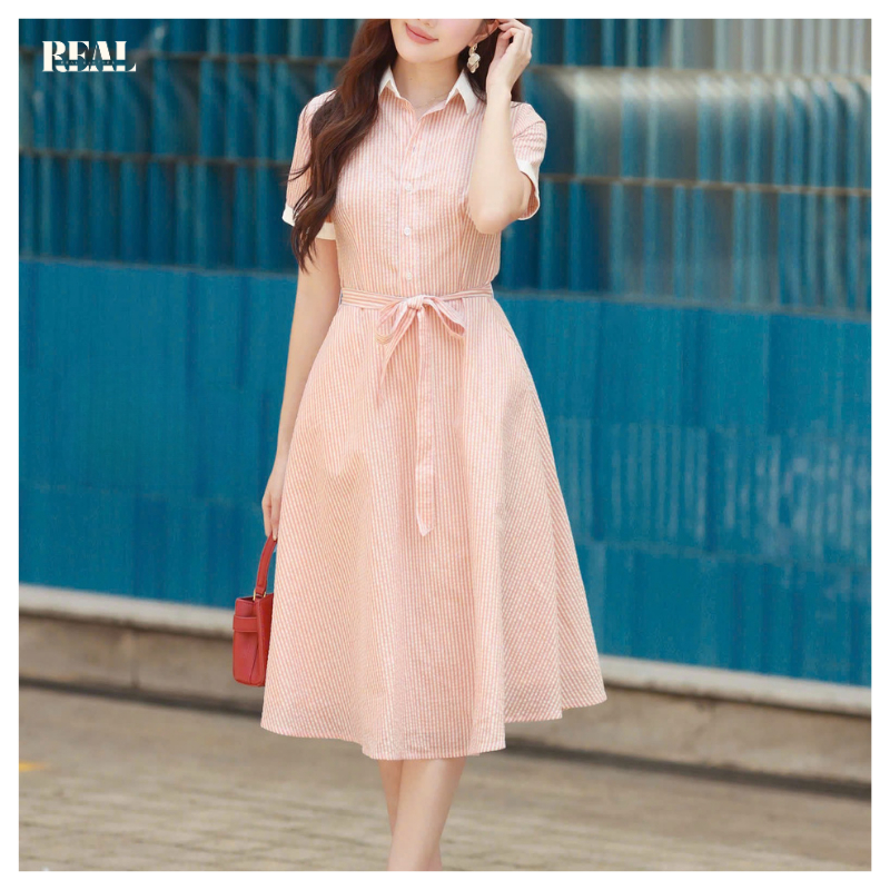 Đầm sơ mi xòe REAL CLOTHES (tổng hợp màu), CÓ TÚI, có lót, ít nhăn