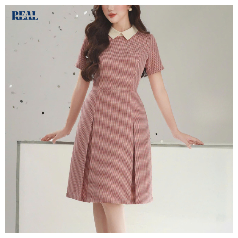 Đầm cổ sơ mi REAL CLOTHES (tổng hợp màu), tùng váy 2 xếp có túi, có lót, ít nhăn