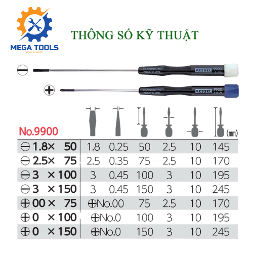 Tô vít Vessel No.9900 Nhật Bản chính xác loại nhỏ cao cấp sửa điện tử đủ size - Mega Tools