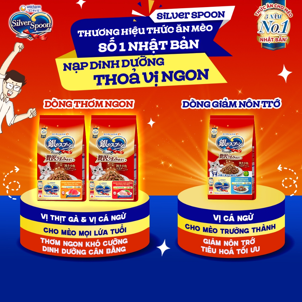 [Combo 2 Túi] Thức Ăn Hạt Cho Mèo Silver Spoon Nhật Unicharm Giàu Thịt Đạm Cao, Giảm Nôn Trớ