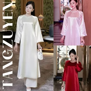 Set Áo Dài Lụa Bóng Dáng Suông Cổ Tròn Kết Hạt Thủ Công - Áo Dài Cách Tân Nữ Thiết Kế Trẻ Trung Che Khuyết Điểm T1462G