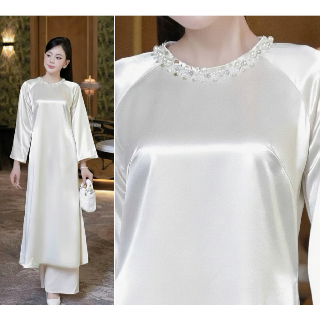 Set Áo Dài Lụa Bóng Dáng Suông Cổ Tròn Kết Hạt Thủ Công - Áo Dài Cách Tân Nữ Thiết Kế Trẻ Trung Che Khuyết Điểm T1462G
