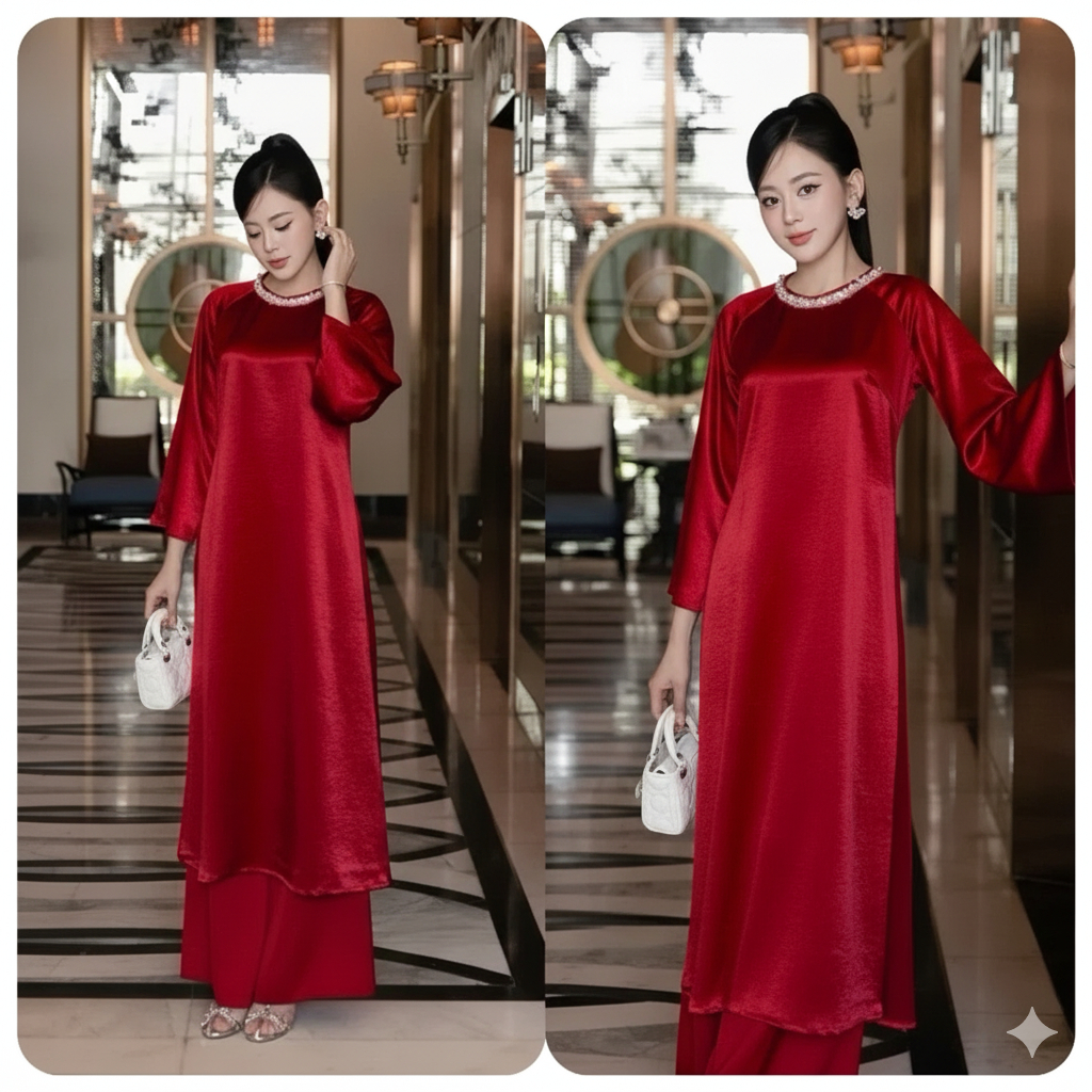 Set Áo Dài Lụa Bóng Dáng Suông Cổ Tròn Kết Hạt Thủ Công - Áo Dài Cách Tân Nữ Thiết Kế Trẻ Trung Che Khuyết Điểm T1462G