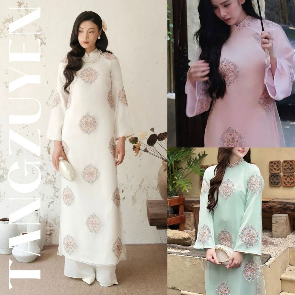Áo Dài Tơ  4 Tà Họa Tiết Tròn Cổ Kính  Màu Tôn Da Chụp Ảnh Kỷ Yếu Du Xuân Siêu Xinh Dáng Rộng Che Bụng T1474G