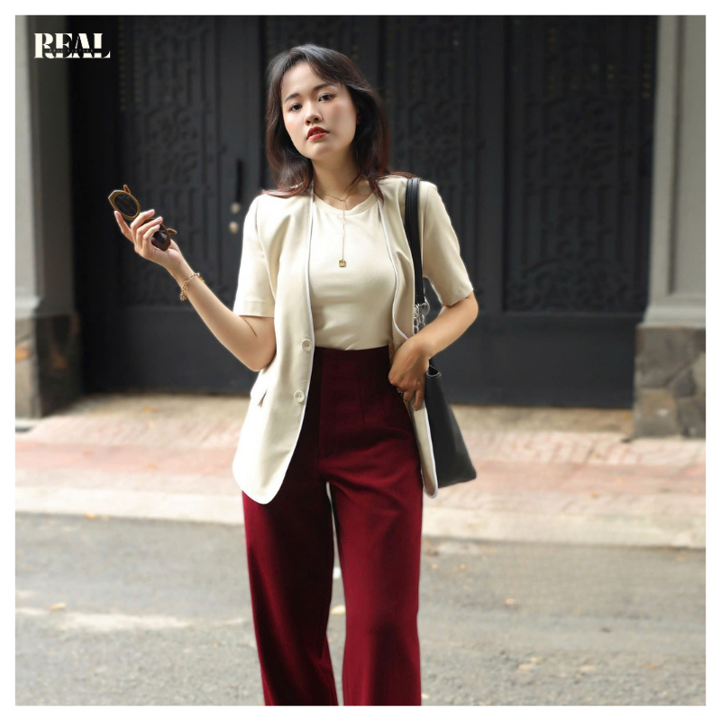 Blazer công sở tay ngắn dáng suông Nancy REAL CLOTHES (tổng hợp màu), không cổ áo, ít nhăn