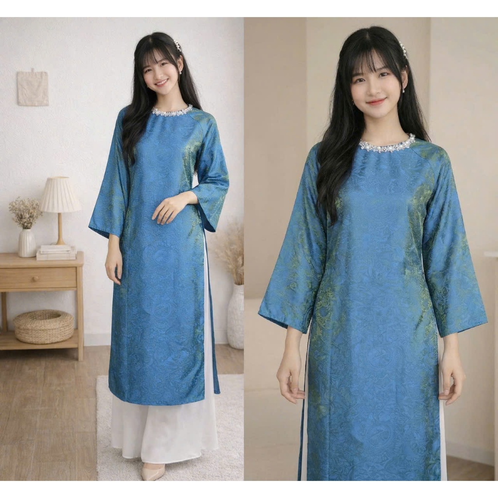 Set Áo Dài Nữ Cách Tân Dáng Suông Gấm Cao Cấp Mẫu Áo Dài Đi Lễ Tết Sự Kiện Cực Sang Tôn Da Che Khuyết T1479G