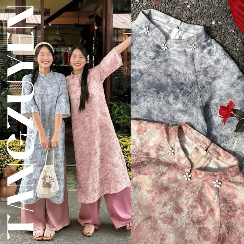 Áo dài cách tân gấm dệt loang sang trọng cao cổ tay lỡ form suông trẻ trung Quần dài ống rộng lụa mỹ  mặc lễ Tết T1475G