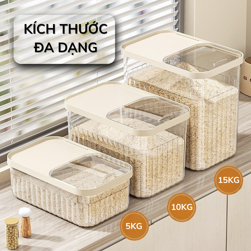 Thùng đựng gạo nhà bếp nắp bật thông minh màu kem chịu lực chịu nhiệt tốt 3 loại 5kg 10kg 15kg Titihome
