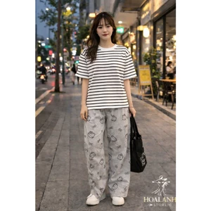 Sét Bộ Áo Phông Tay Lỡ Hoạ Tiết Kẻ Vằn Mix Kèm Quần Dài Kitty Cạp Trắng Basic Mặc Đi Chơi Sang Chảnh