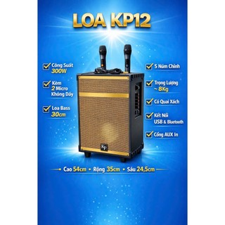 CHÍNH HÃNG | Loa xách tay Kp-p12 Kèm 2 Mic Không Dây - 1 Bass 20cm, Karaoke Nghe Nhạc Cực Hay.