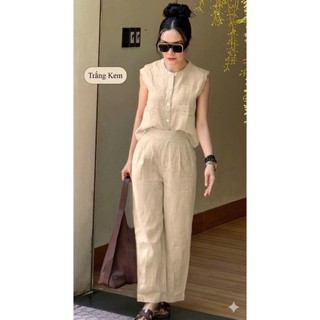 Set Bộ Đũi Nữ Cao Cấp Cổ Tròn – Quần Suông Ống Rộng, Đũi Mềm Mát Form Rộng Thanh Lịch - SM17