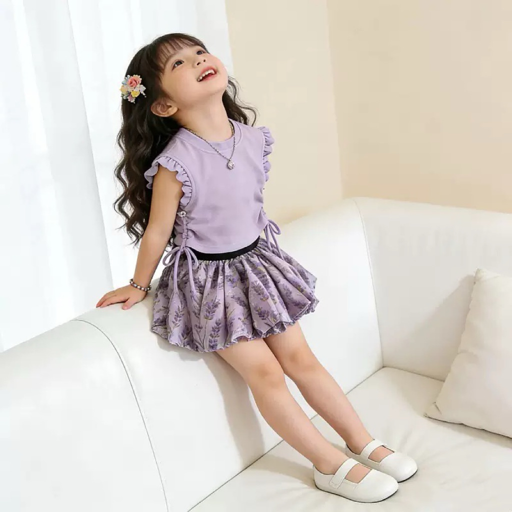(Order) Áo bèo nhún 2 bên kèm chân váy bí hoạ tiết đáng yêu mùa hè cho bé gái