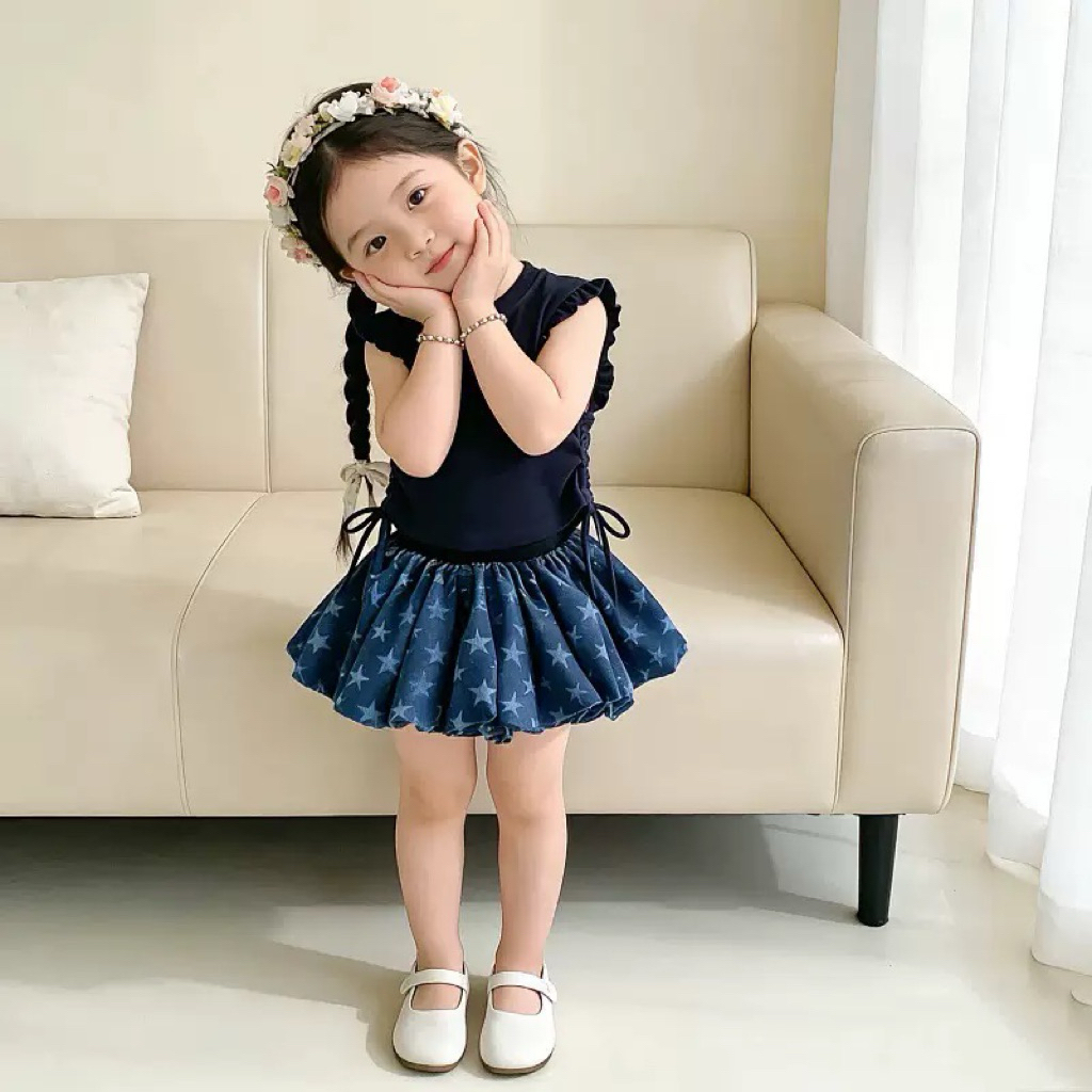(Order) Áo bèo nhún 2 bên kèm chân váy bí hoạ tiết đáng yêu mùa hè cho bé gái