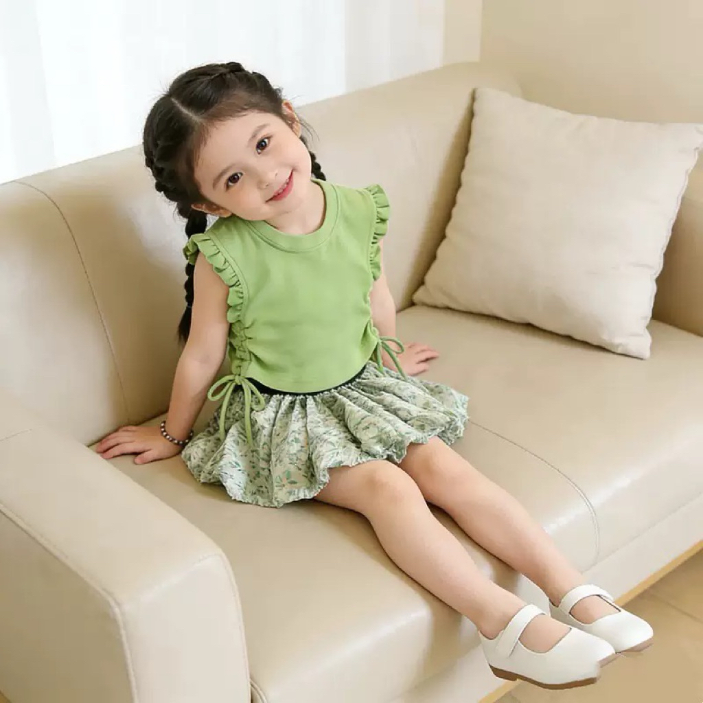 (Order) Áo bèo nhún 2 bên kèm chân váy bí hoạ tiết đáng yêu mùa hè cho bé gái