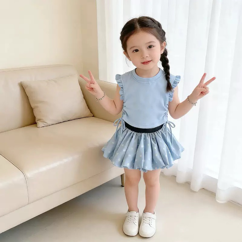 (Order) Áo bèo nhún 2 bên kèm chân váy bí hoạ tiết đáng yêu mùa hè cho bé gái
