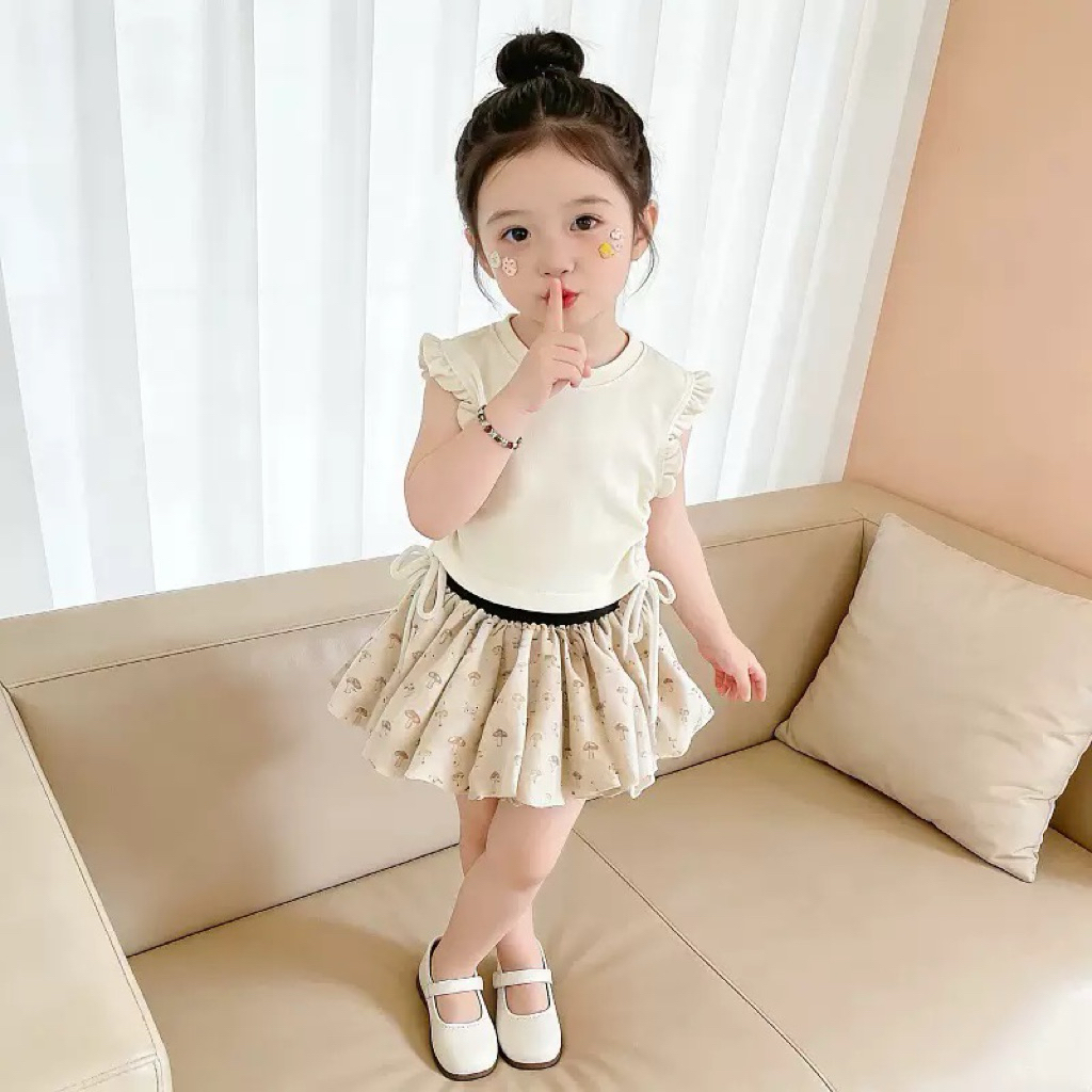 (Order) Áo bèo nhún 2 bên kèm chân váy bí hoạ tiết đáng yêu mùa hè cho bé gái