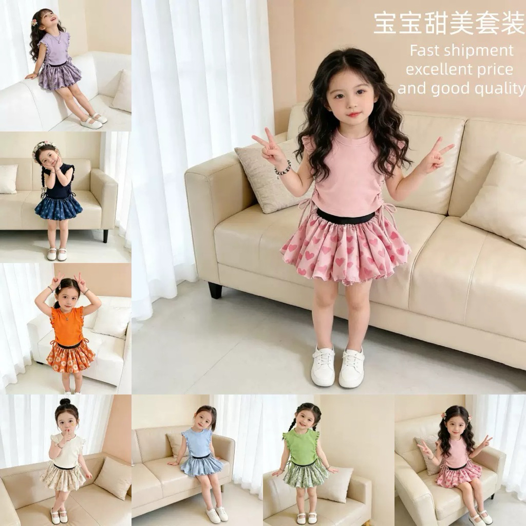 (Order) Áo bèo nhún 2 bên kèm chân váy bí hoạ tiết đáng yêu mùa hè cho bé gái