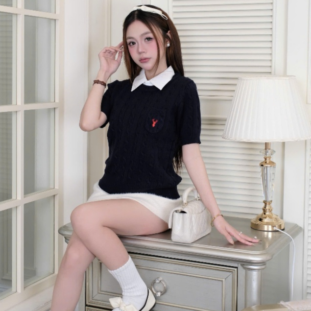 HTIQUE - SOFT SEASON mở bán Áo len dệt kim thêu hươu, Áo len dệt kim nữ thiết kế vặn thừng basic La42
