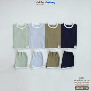 Bộ quần áo cộc tay may tag phối viền cho bé trai, bé gái Hokiha x Sobong vải modal mềm mại, co giãn size 8-17kg BB23