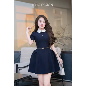 Đầm Nữ Xòe Cổ Sen Phối Nút Tay Ngắn Kèm Belt Thanh Lịch Phong Cách Tiểu Thư Hàn Quốc