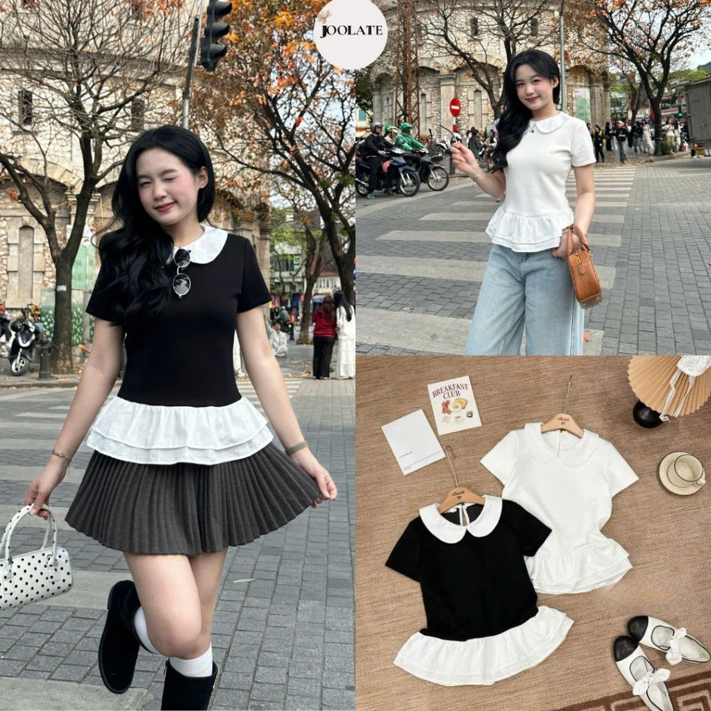 Áo Cộc Tay Cổ Sen Viền Bèo Joolate Áo Thun Cộc Tay Phong Cách Hàn Quốc