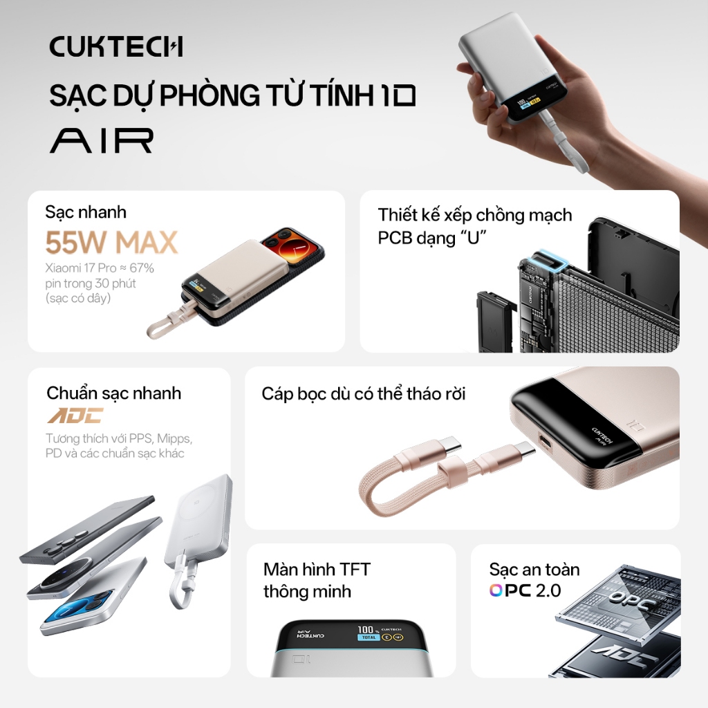 Sạc dự phòng không dây Cuktech 10 Air Super Magnetic Power Card 10000mAh 55W – WPB100P | Bảo hành 18 tháng | BigBuy360 - bigbuy360.vn
