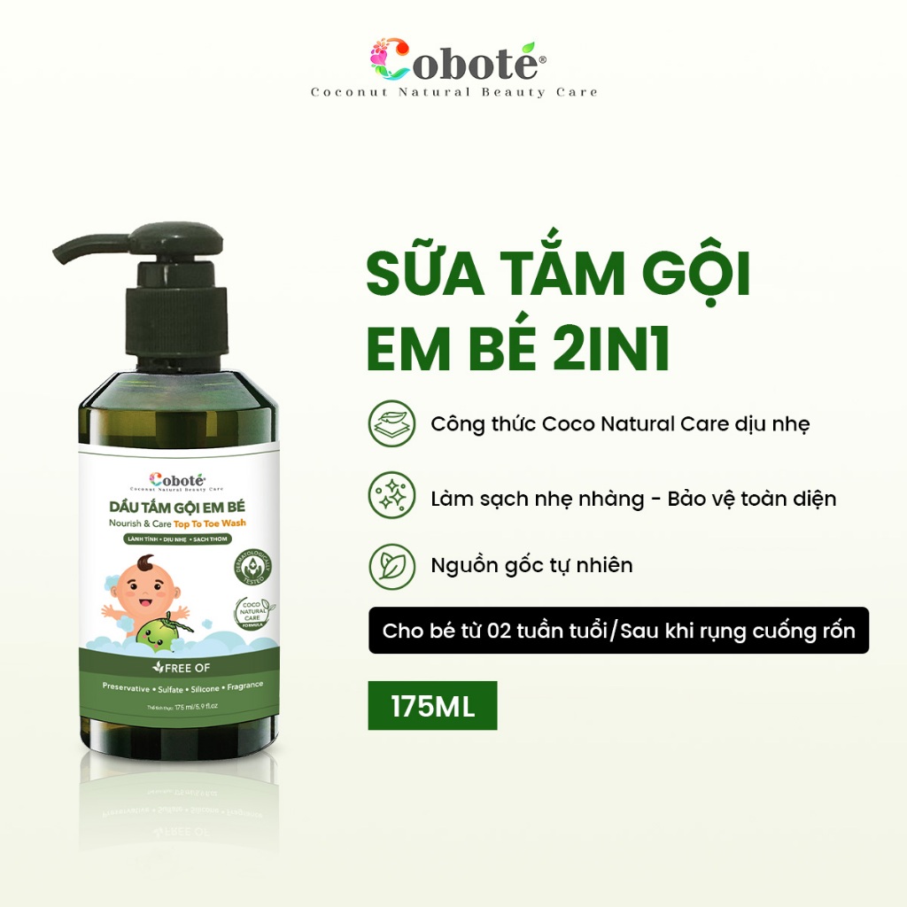 Dầu Tắm Gội Toàn Thân Cho Bé Coboté, Chiết Xuất Dừa, Cam Quýt, Tràm gió. An toàn, lành tính, dịu nhẹ cho làn da bé