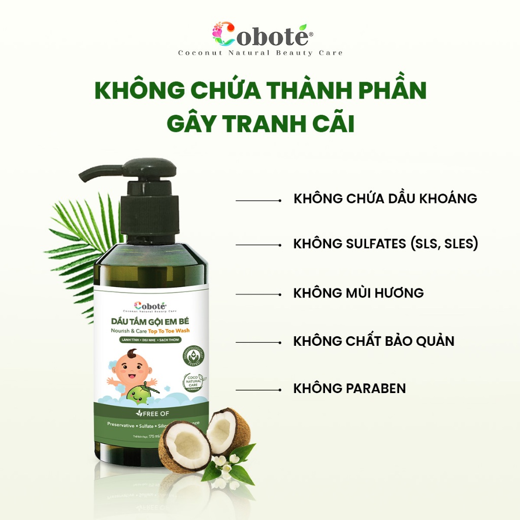 Dầu Tắm Gội Toàn Thân Cho Bé Coboté, Chiết Xuất Dừa, Cam Quýt, Tràm gió. An toàn, lành tính, dịu nhẹ cho làn da bé