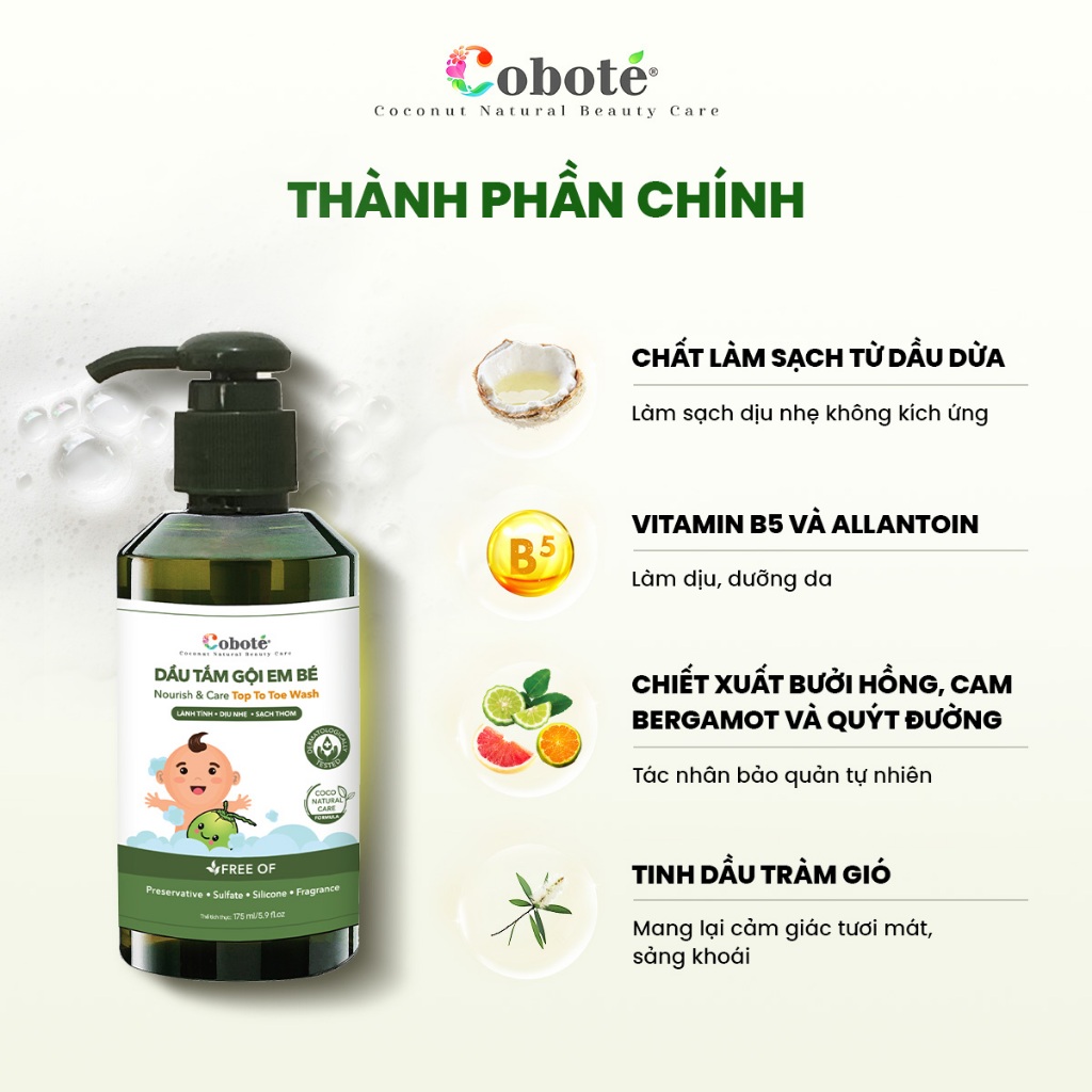 Dầu Tắm Gội Toàn Thân Cho Bé Coboté, Chiết Xuất Dừa, Cam Quýt, Tràm gió. An toàn, lành tính, dịu nhẹ cho làn da bé