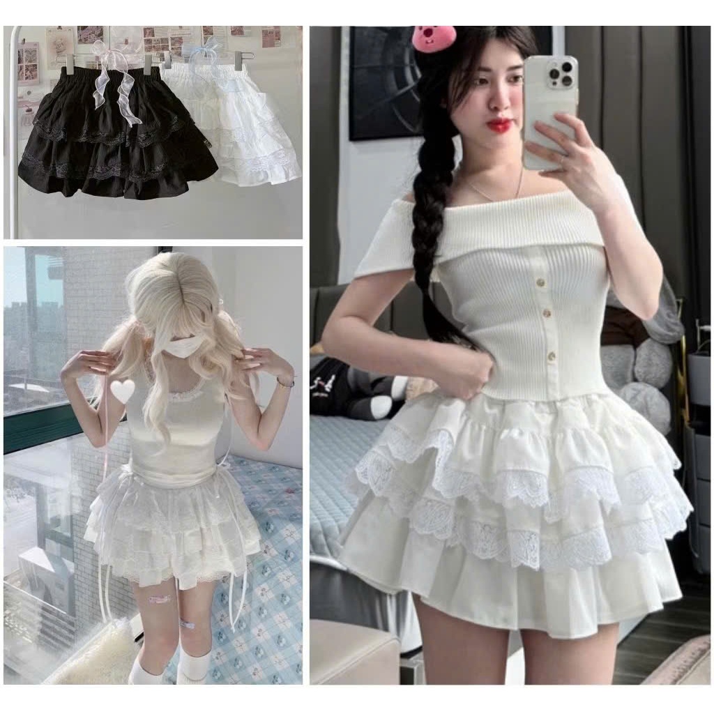Chân Váy Nữ Xòe 2 Tầng Viền Ren PINKSTORE29 Phối Nơ Dễ Thương C103