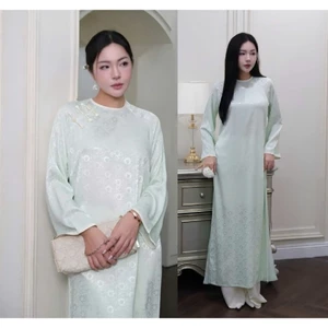 Áo Dài Nữ Cổ Tròn Phối Nút Tàu Gấm Hoa Mềm Mịn Set Áo Dài Cách Tân Dáng Suông Thanh Lịch Diện Tết, Đi Tiệc T1513G