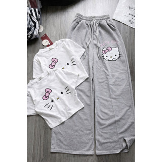 Set bộ áo bbt in ria mèo mix quần Xuông Da cá in mặt kitty