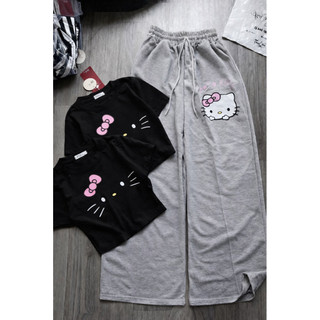 Set bộ áo bbt in ria mèo mix quần Xuông Da cá in mặt kitty